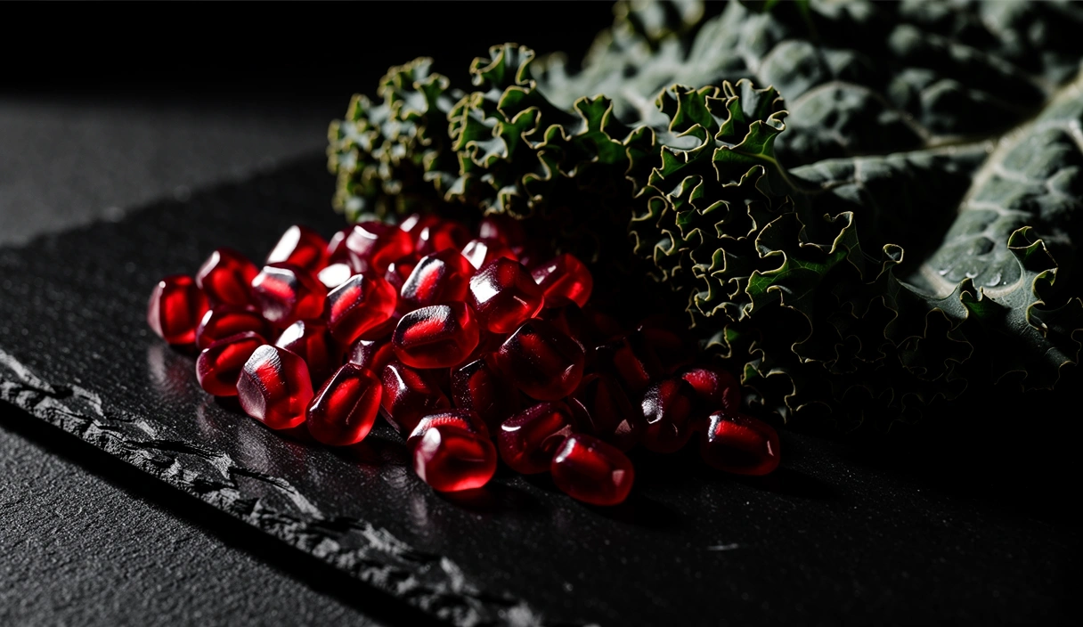 Fresh pomegranate and kale arrangement